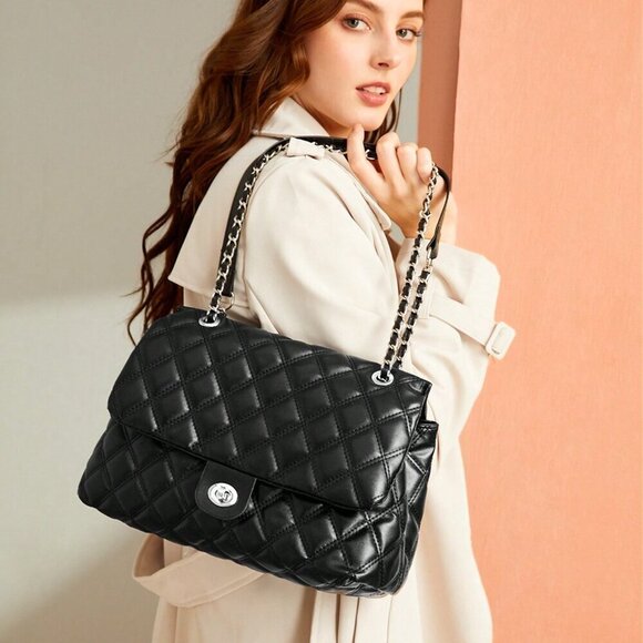 Black Elegant Women's Large Capacity Rhombic Pattern Crossbody Bag - Picture 12 of 12